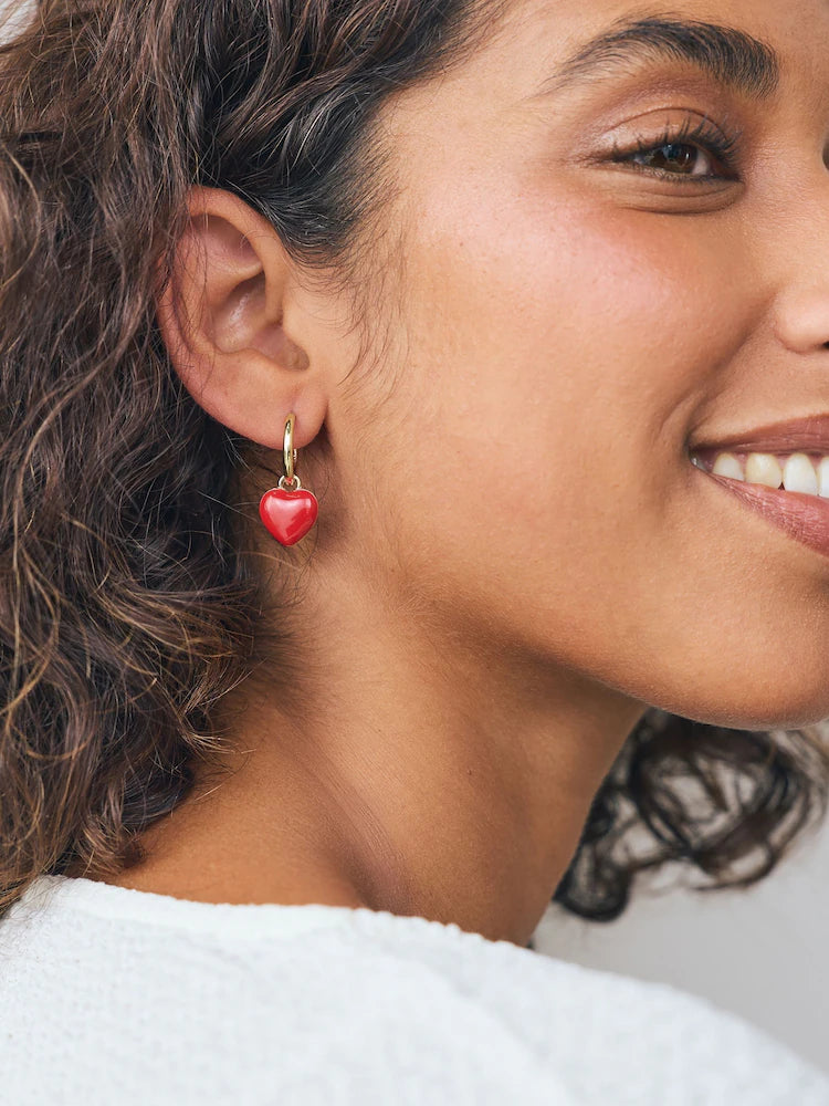 Red/Gold Tone Heart Hoop Earrings