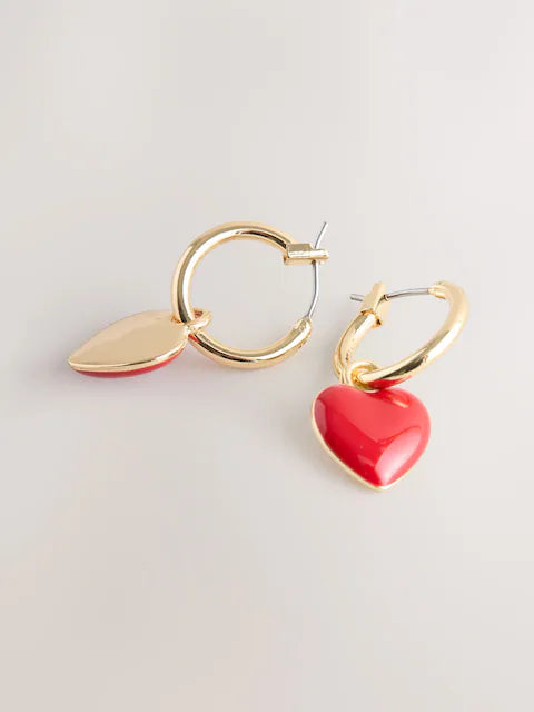 Red/Gold Tone Heart Hoop Earrings